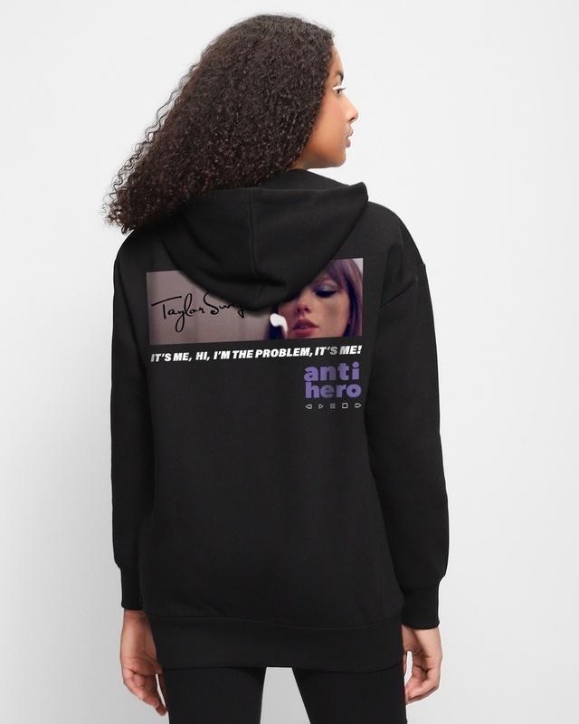 Shop Women's Black Anti Hero Graphic Printed Oversized Hoodie-Front
