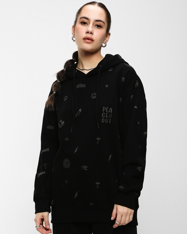 Shop Women's Black AOP Oversized Hoodie-Front