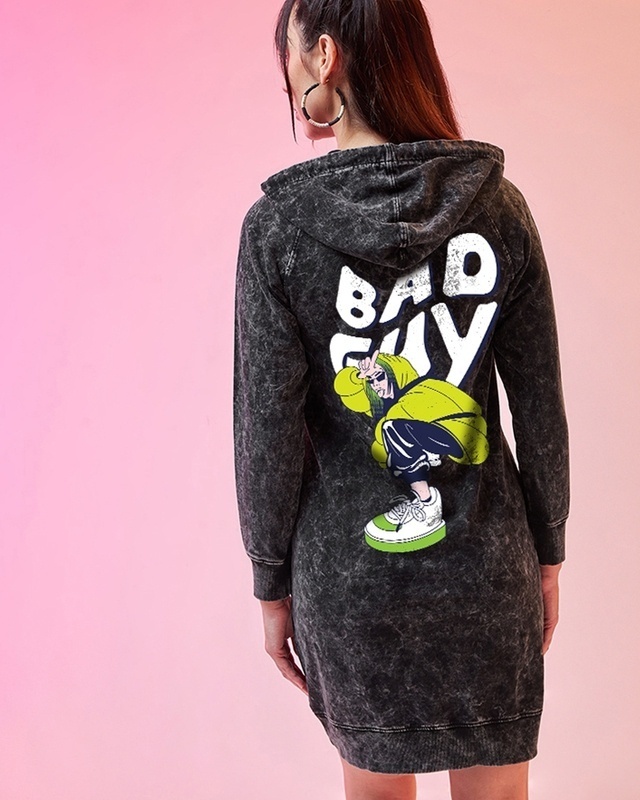 Shop Women's Black Bad Guy Billie Graphic Printed Acid Wash Hoodie Dress-Front