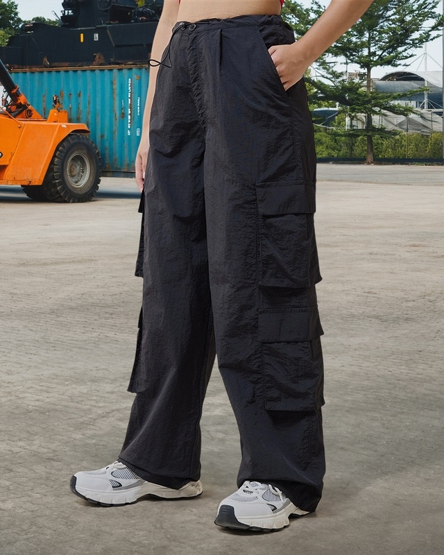 Shop Women's Black Baggy Oversized Cargo Parachute Pants-Front