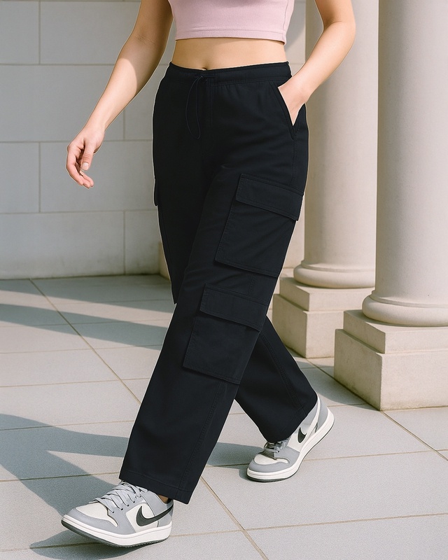 Shop Women's Black Baggy Oversized Cargo Parachute Pants-Front