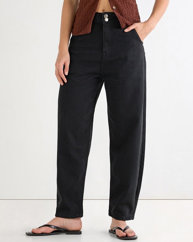 Shop Women's Black Baggy Tapered Fit Jeans-Front