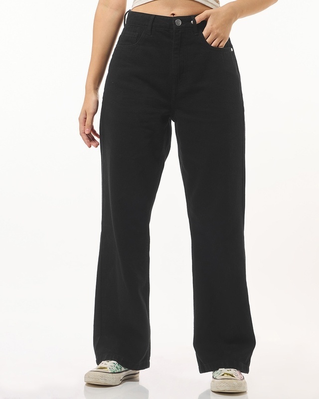 Shop Women's Black Baggy Wide Leg Jeans-Front