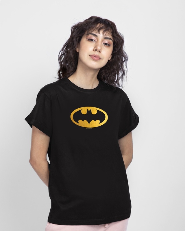Shop Women's Black Batman Gold Printed Boyfriend T-shirt-Front