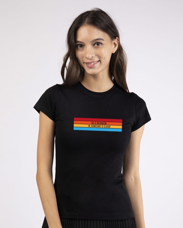 Shop Women's Black Be A Rainbow Typography Slim Fit T-shirt-Front