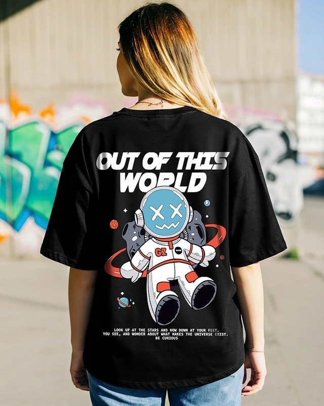 Shop Women's Black Be Curious Graphic Printed Oversized T-shirt-Front