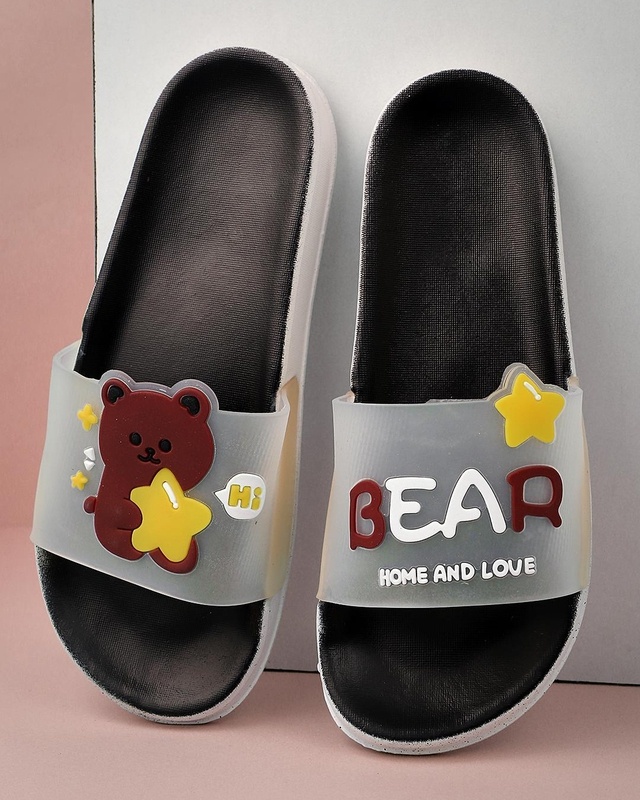 Shop Women's Black Bear Printed Sliders-Front