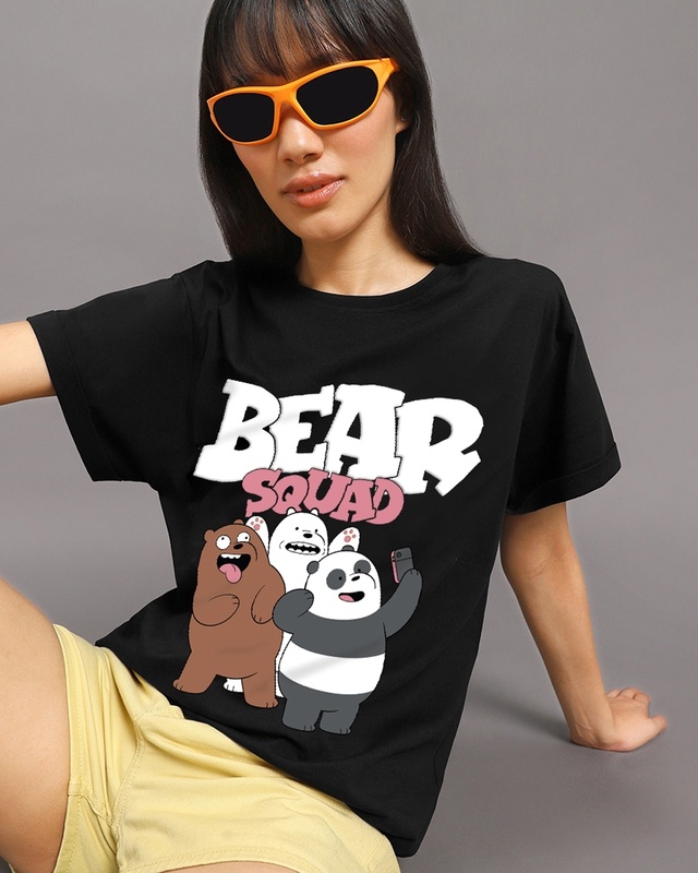 Women's Black Bear Squad Graphic Printed Boyfriend T-shirt