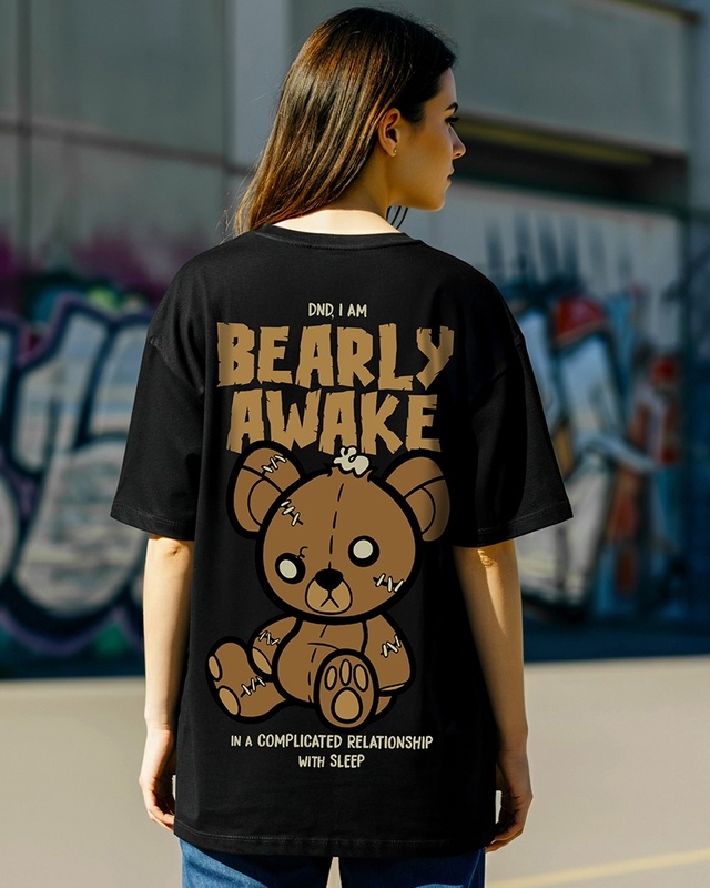 Shop Women's Black Bearly Awake Graphic Printed Oversized T-shirt-Front