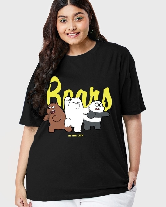 Shop Women's Black Bears In The City Graphic Printed Oversized Plus Size T-shirt-Front