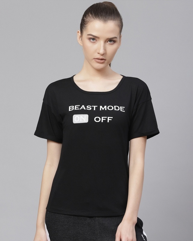 Shop Women's Black Beast Mode Off Typography Slim Fit T-shirt-Front