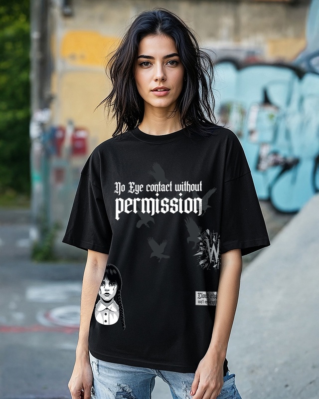 Shop Women's Black Beauty Eye Contact Graphic Printed Oversized T-shirt-Front