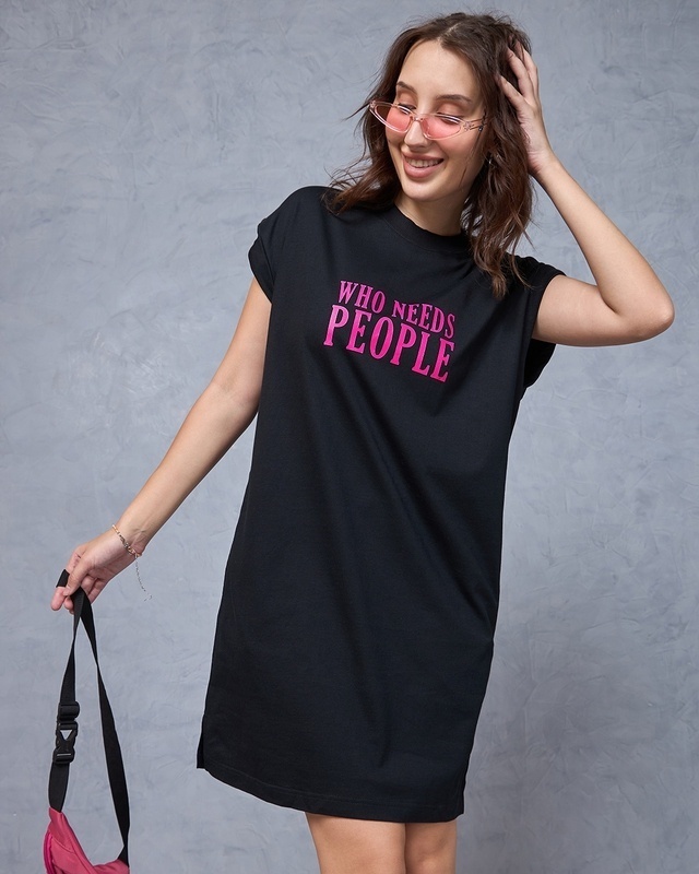 Shop Women's Black People Typography Oversized T-Shirt Dress-Front