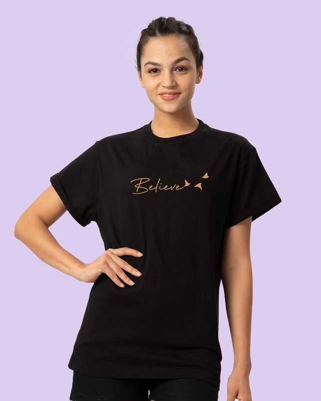 Shop Women's Black Believe Boyfriend T-shirt-Front