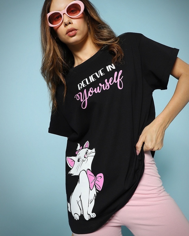 Shop Women's Black Believe Cat Graphic Printed Boyfriend T-shirt-Front