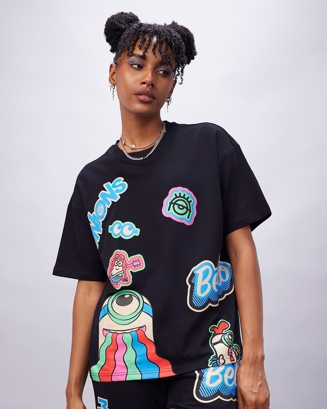 Shop Women's Black Bello Minion Graphic Printed Oversized T-shirt-Front