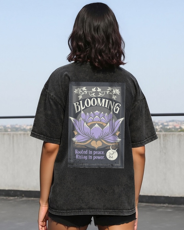 Shop Women's Black Blooming Graphic Printed Oversized Acid Wash T-shirt-Front