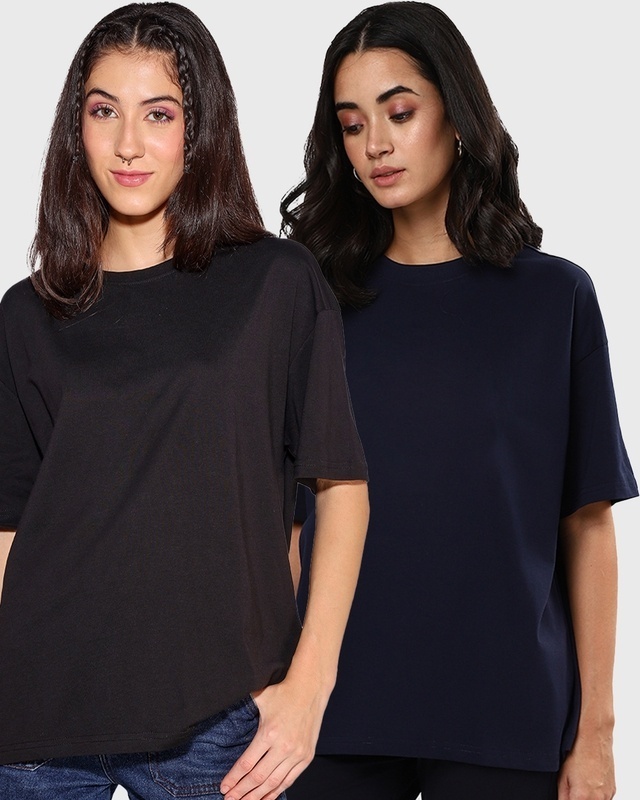 Shop Women's Black & Blue Oversized T-shirt (Pack of 2)-Front