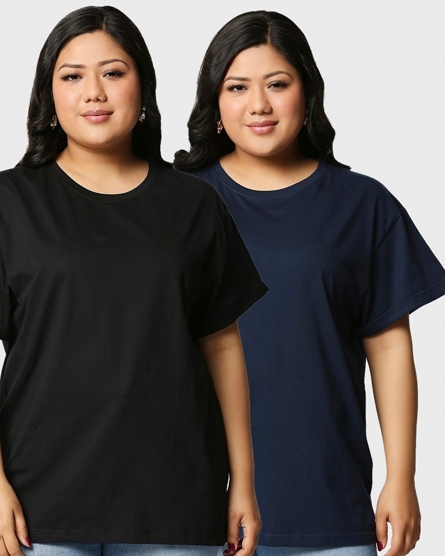 Shop Women's Black & Blue Plus Size Boyfriend T-shirt (Pack of 2)-Front