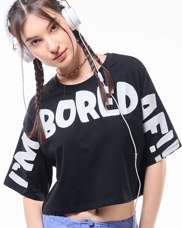 Shop Women's Black Bored Typography Oversized Short Top-Front