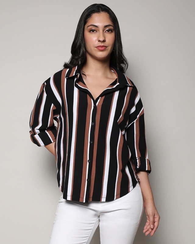 Shop Women's Black & Brown Striped Shirt-Front