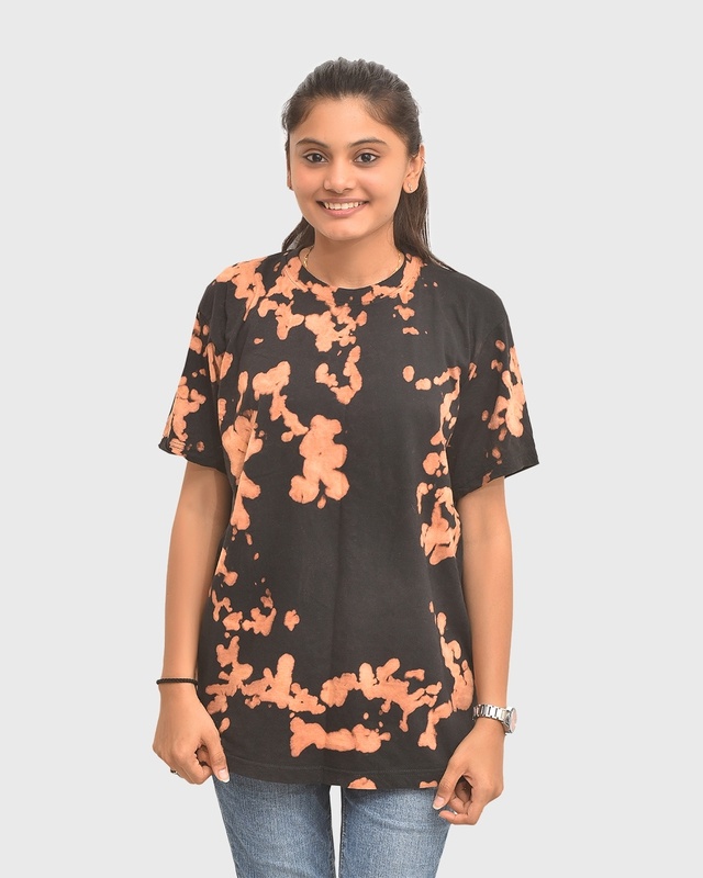 Shop Women's Black & Brown Tie & Dye Relaxed Fit T-shirt-Front