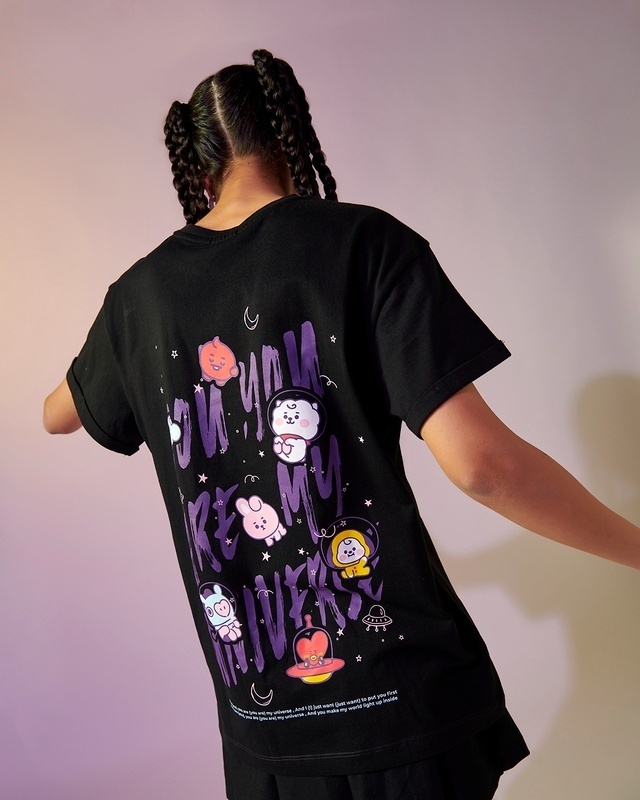Shop Women's Black BTS My Universe Graphic Printed Boyfriend T-shirt-Front