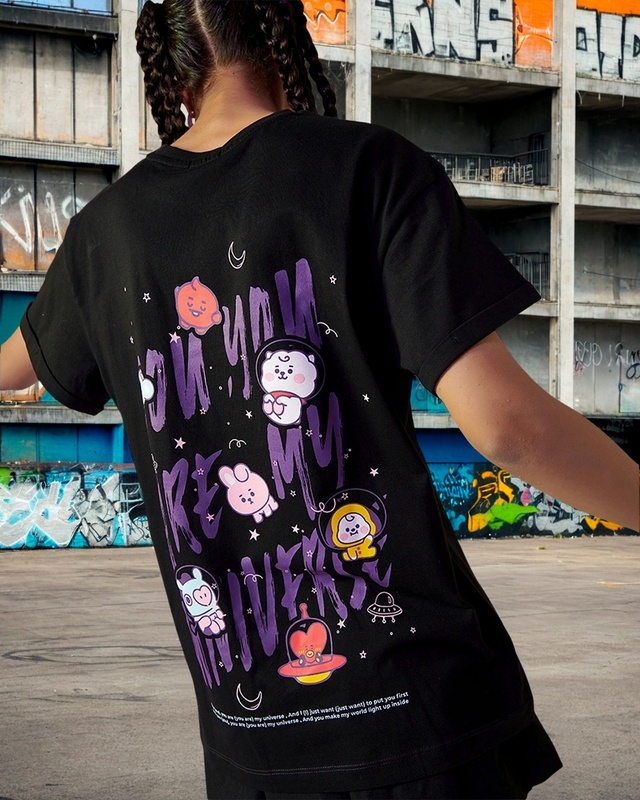 Shop Women's Black BTS My Universe Graphic Printed Boyfriend T-shirt-Front