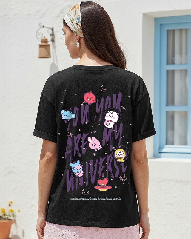 Shop Women's Black BTS My Universe Graphic Printed Boyfriend T-shirt-Front