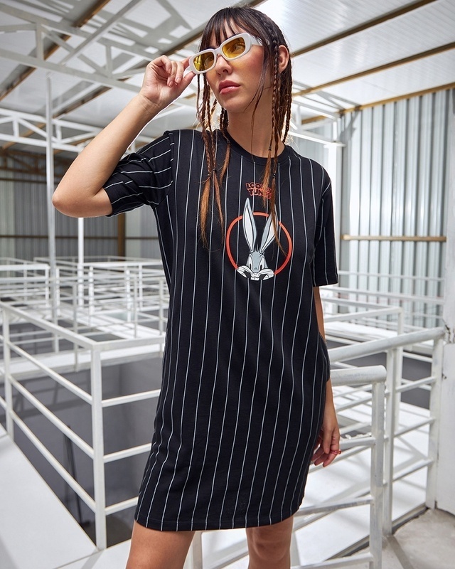 Shop Women's Black Bunny Graphic Printed Oversized T-shirt Dress-Front