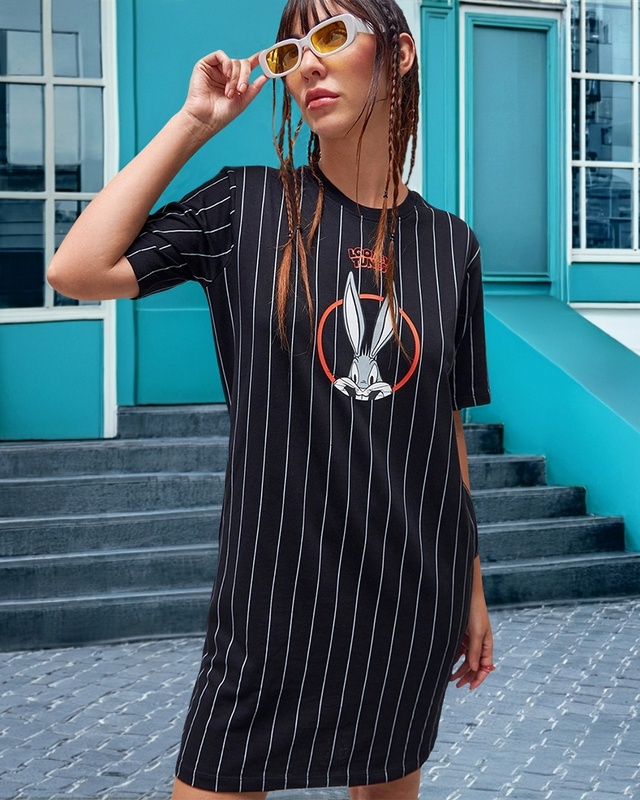 Shop Women's Black Bunny Graphic Printed Oversized T-shirt Dress-Front