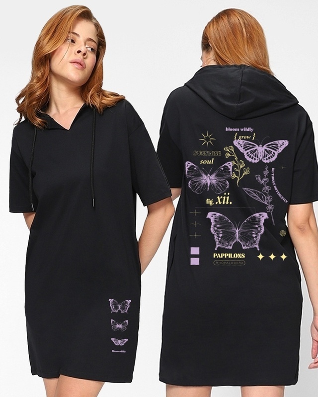 Shop Women's Black Butterfly Theory Graphic Printed Oversized Dress-Front