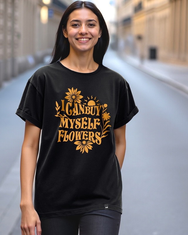 Shop Women's Black Buy Myself Flowers Typography Boyfriend T-shirt-Front
