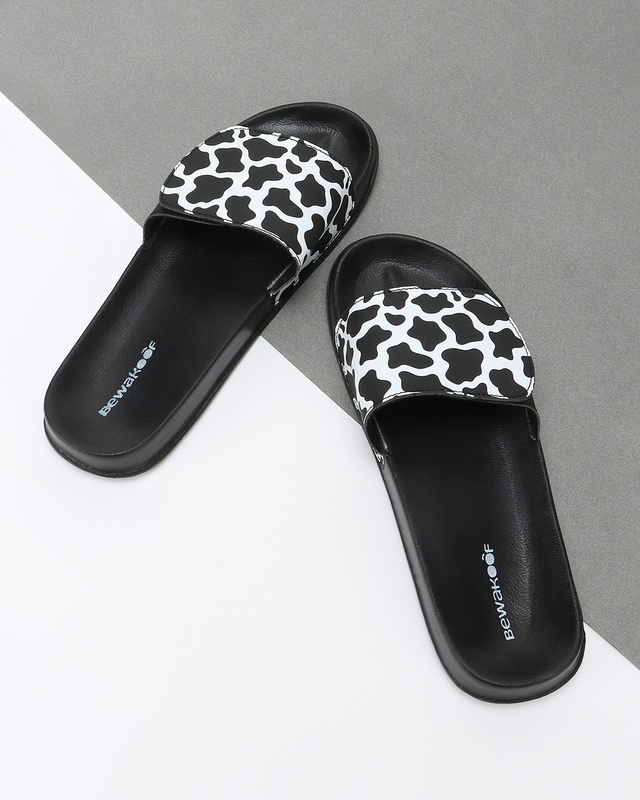 Shop Women's Black Moo Printed Adjustable Velcro Sliders-Front