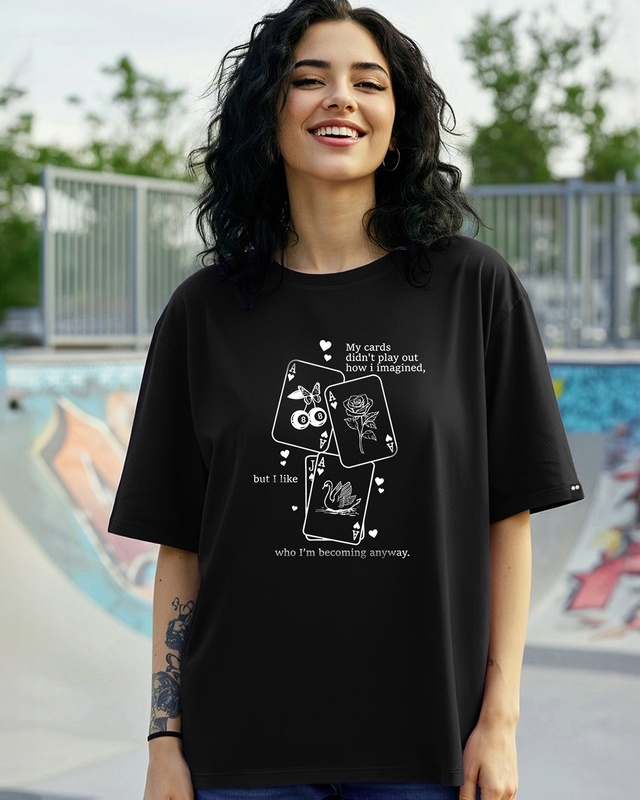 Shop Women's Black Cards Graphic Printed Oversized T-shirt-Front