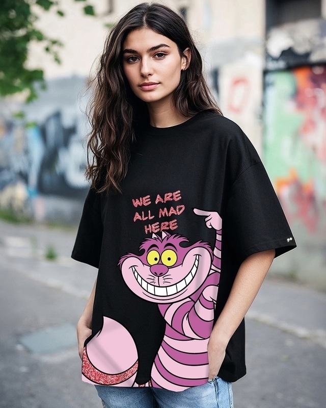 Shop Women's Black Cat Graphic Printed Oversized T-shirt-Front