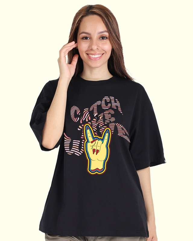 Shop Women's Black Catch The Wave Graphic Printed Oversized T-shirt-Front