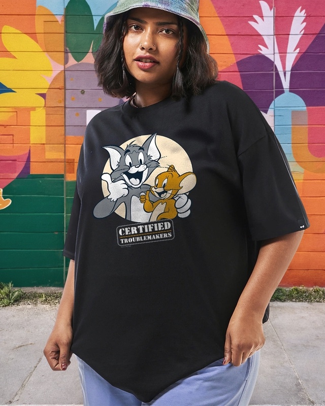 Shop Women's Black Certified Troublemakers Graphic Printed Plus Size T-shirt-Front