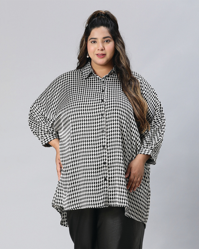 Shop Women's Black & White Checked Boxy Fit Plus Size Shirt-Front