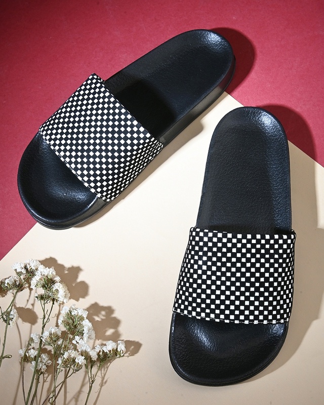 Shop Women's Black Checked Sliders-Front