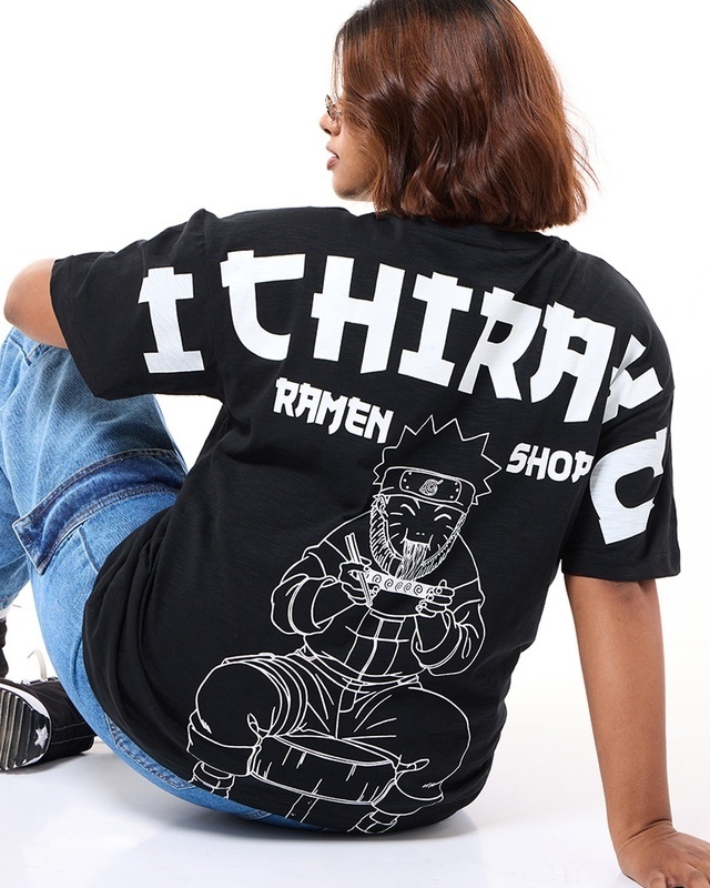 Shop Women's Black Ichiraku Ramen Shop Graphic Printed Oversized Plus Size T-shirt-Front