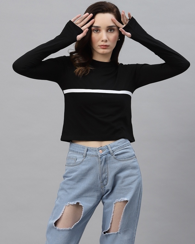 Shop Women's Black Color Block Short Top-Front