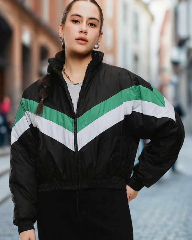 Shop Women's Black Color Block Oversized Bomber Jacket-Front