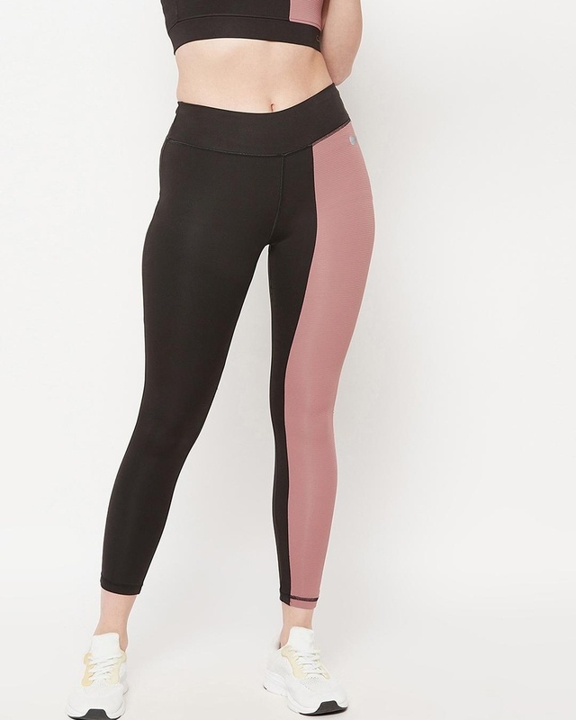 Shop Women's Black Color Block Slim Fit Activewear Tights-Front