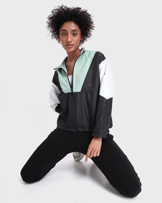 Shop Women's Black Color Block Oversized Boxy Jacket-Front