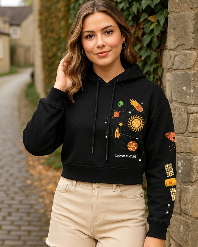 Shop Women's Black Cosmic Culture Graphic Printed Oversized Crop Hoodies-Front