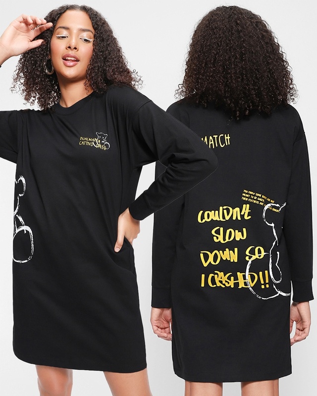 Shop Women's Black CRASH Typography Oversized Dress-Front