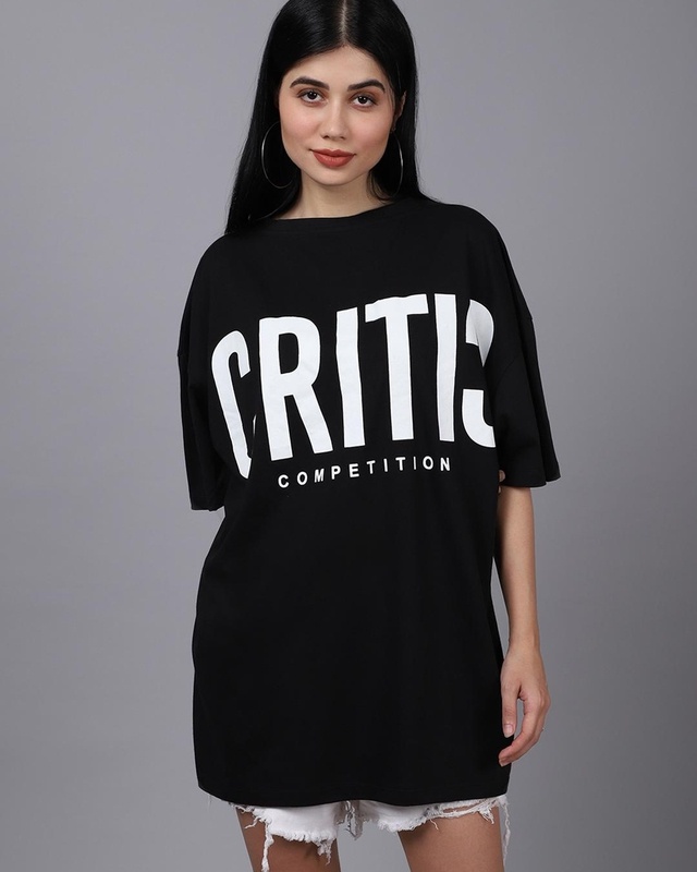 Shop Women's Black Critic Typography Oversized T-shirt-Front
