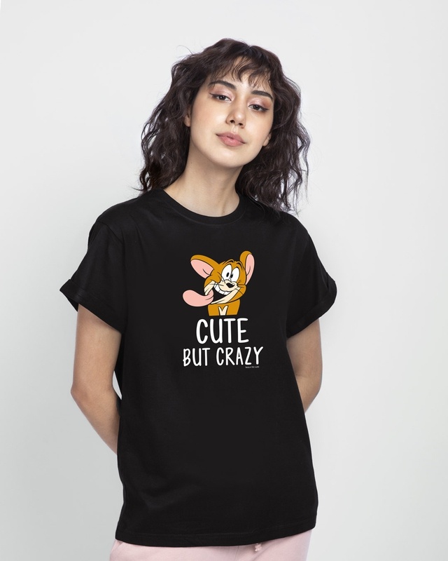 Shop Women's Black Cute But Crazy (TJL) Graphic Printed Boyfriend T-shirt-Front