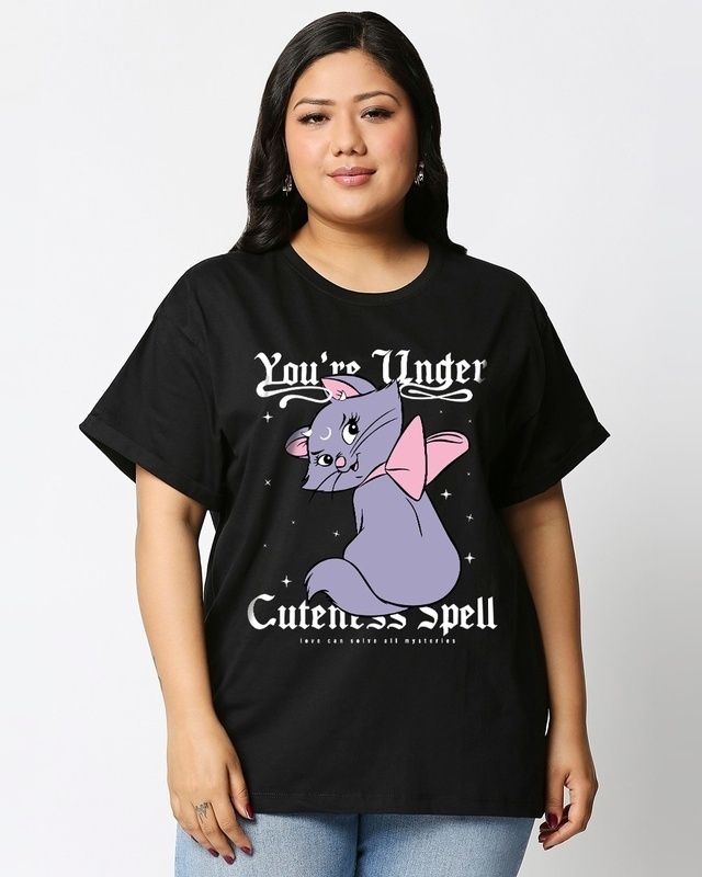 Shop Women's Black Cuteness Spell Graphic Printed Plus Size Boyfriend T-shirt-Front